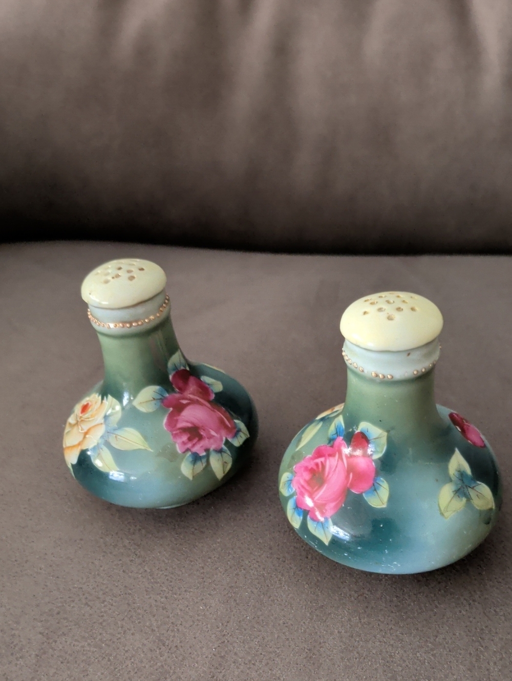 Hand-Painted Floral Porcelain Salt & Pepper Shakers - Green Floral